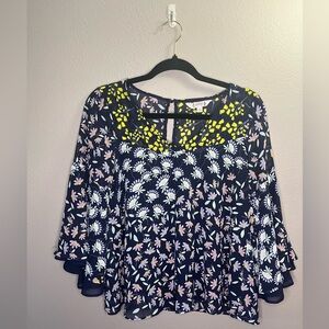 Nanette Lepore Mixed Floral Print Loose Fit Blouse with Flutter Sleeves Size S